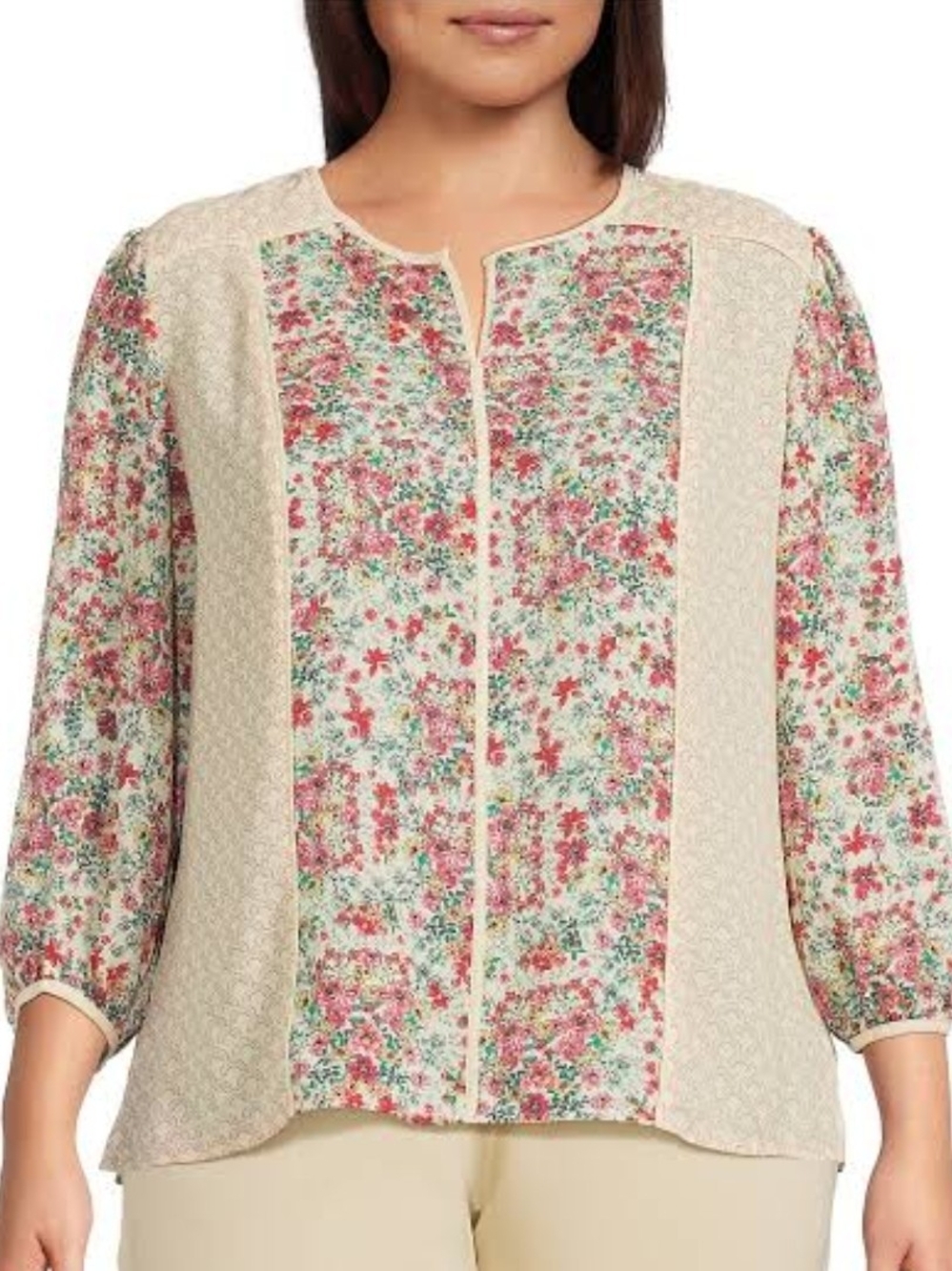 Investments Cream Floral Patchwork Blouse with Pink Accents